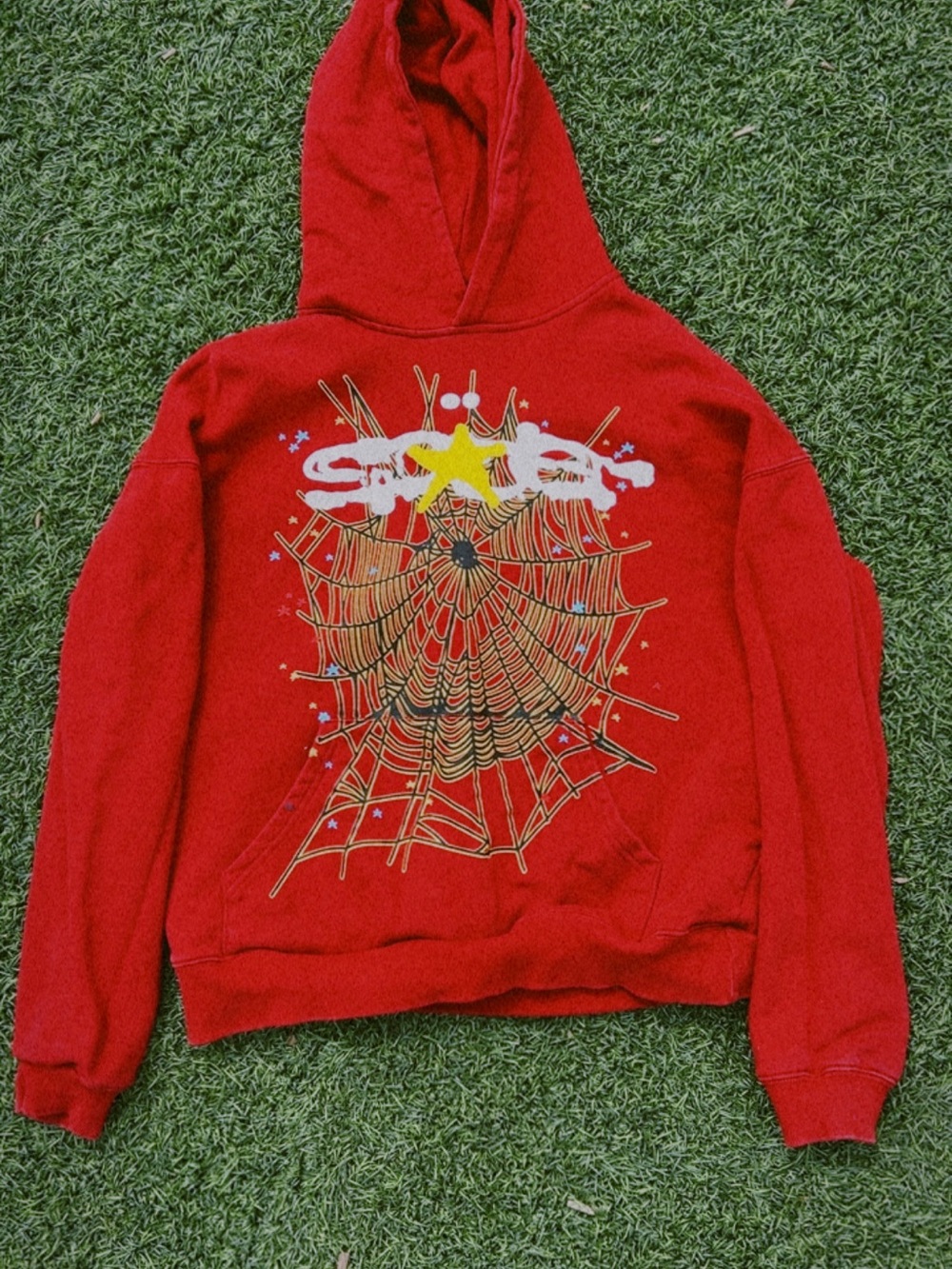 Red Graphic Hoodie Sweater with Gold Spiderweb Print